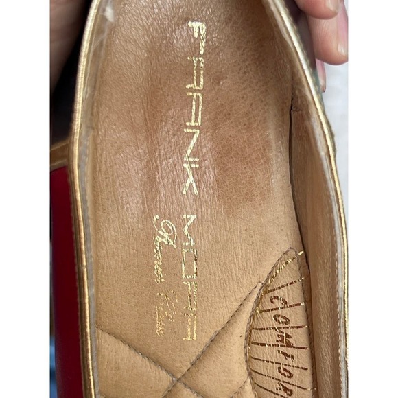 70s Frank Morr VTG Leather Pump Spain Sz 9.5 Colorblock Blue Red Gold Square Toe - Picture 8 of 9